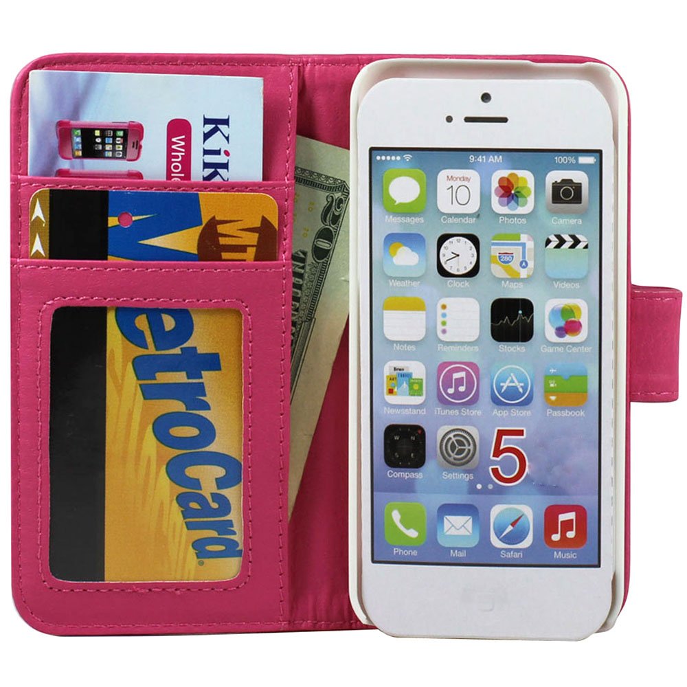 Wholesale Iphone 5 5s Simple Leather Wallet Case With Stand Hot Pink