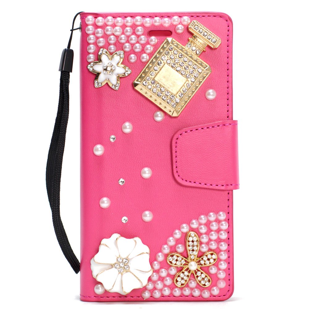 Wholesale Iphone 8 Iphone 7 Crystal Flip Leather Wallet Case With Strap Perfume Hot Pink