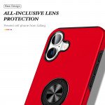 Wholesale Flat Ring Dual Layer Armor Hybrid Stand Case with Metal Plate for iPhone 16 (Red)