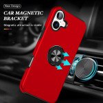 Wholesale Flat Ring Dual Layer Armor Hybrid Stand Case with Metal Plate for iPhone 16 (Red)