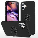 Wholesale Flat Ring Dual Layer Armor Hybrid Stand Case with Metal Plate for iPhone 16 Plus (Black)