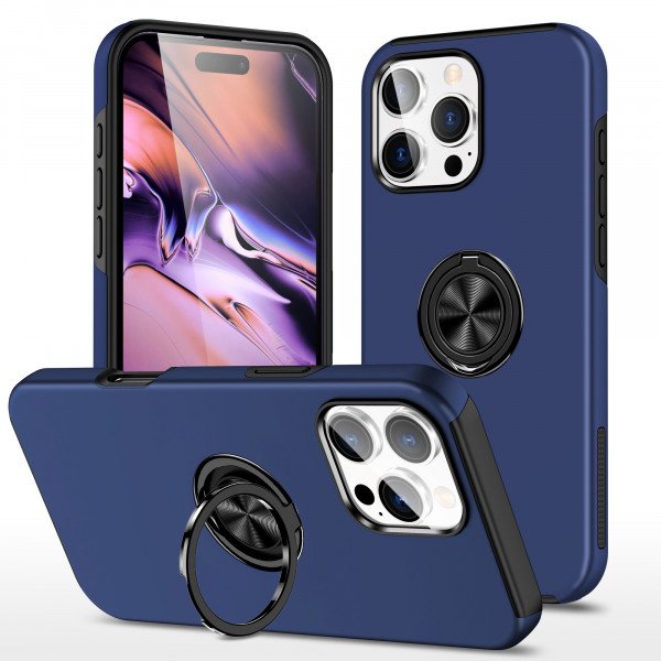 Wholesale Flat Ring Dual Layer Armor Hybrid Stand Case with Metal Plate for iPhone 16 Pro (Navy Blue)