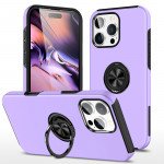 Wholesale Flat Ring Dual Layer Armor Hybrid Stand Case with Metal Plate for iPhone 16 Pro (Purple)