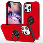 Wholesale Flat Ring Dual Layer Armor Hybrid Stand Case with Metal Plate for iPhone 16 Pro Max (Red)