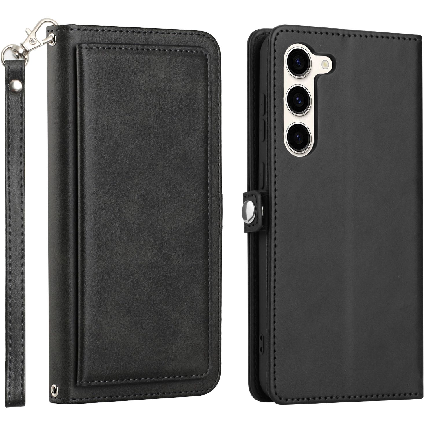 Premium PU LEATHER Folio WALLET Front Cover Case with Card Slots for Galaxy S23 Plus 5G (Black)