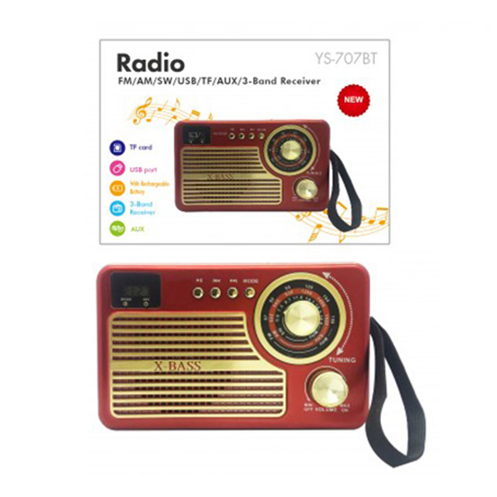 X-Bass Retro Classic Design AM FM Radio Portable Bluetooth Speaker YS707BT (Red)