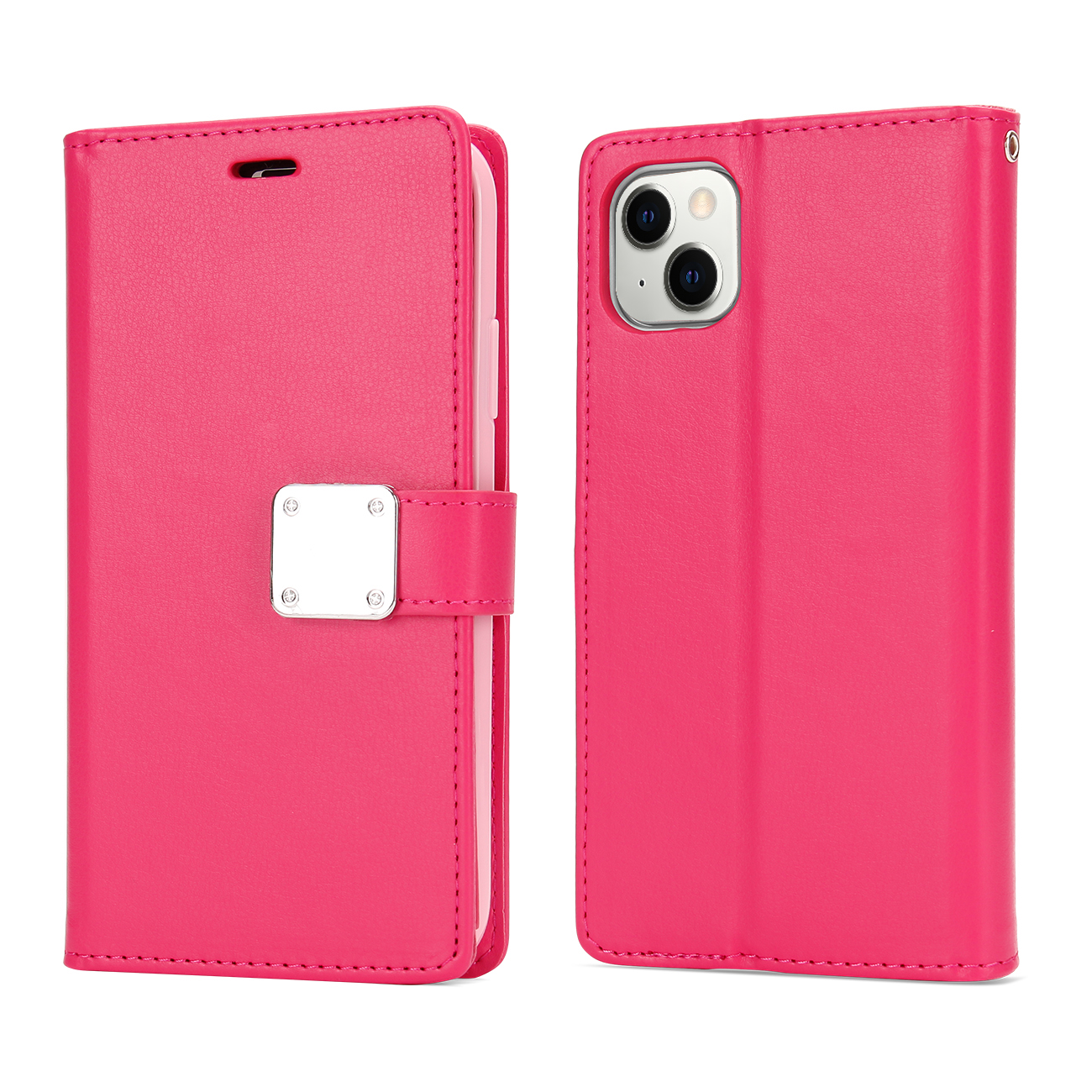 Multi Pockets Flip LEATHER WALLET Case for iPhone 14 Max Plus [6.7] (Hot Pink)
