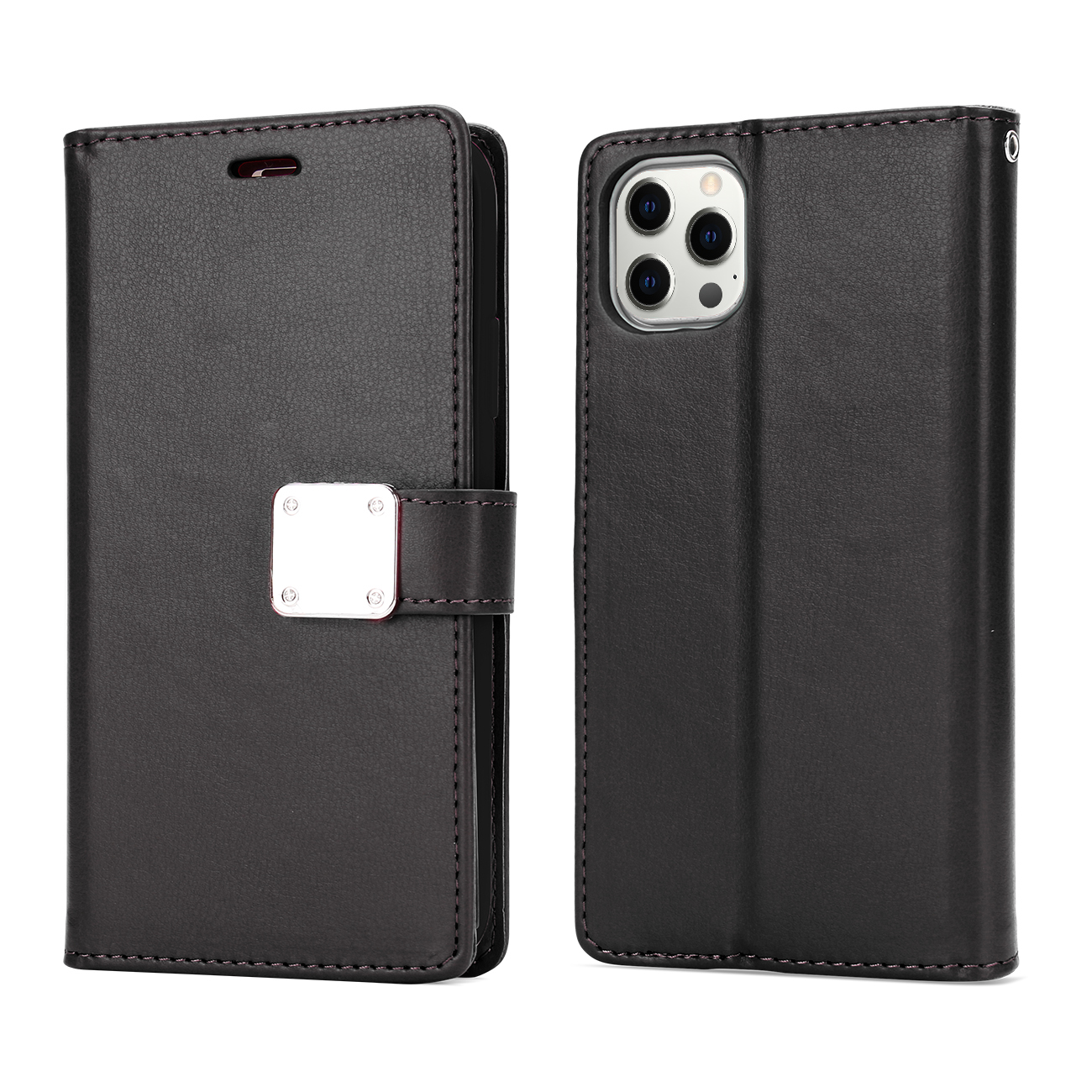 Multi Pockets Flip LEATHER WALLET Case for iPhone 14 Pro Max [6.7] (Black)