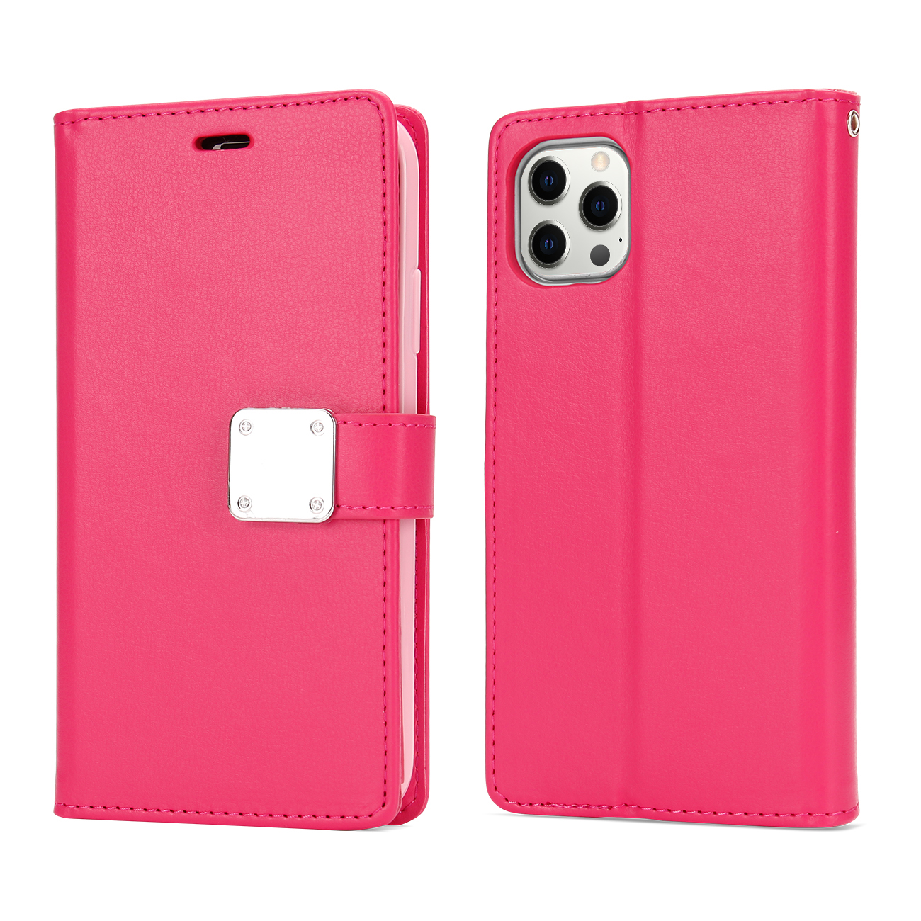Multi Pockets Flip LEATHER WALLET Case for iPhone 14 Pro Max [6.7] (Hot Pink)