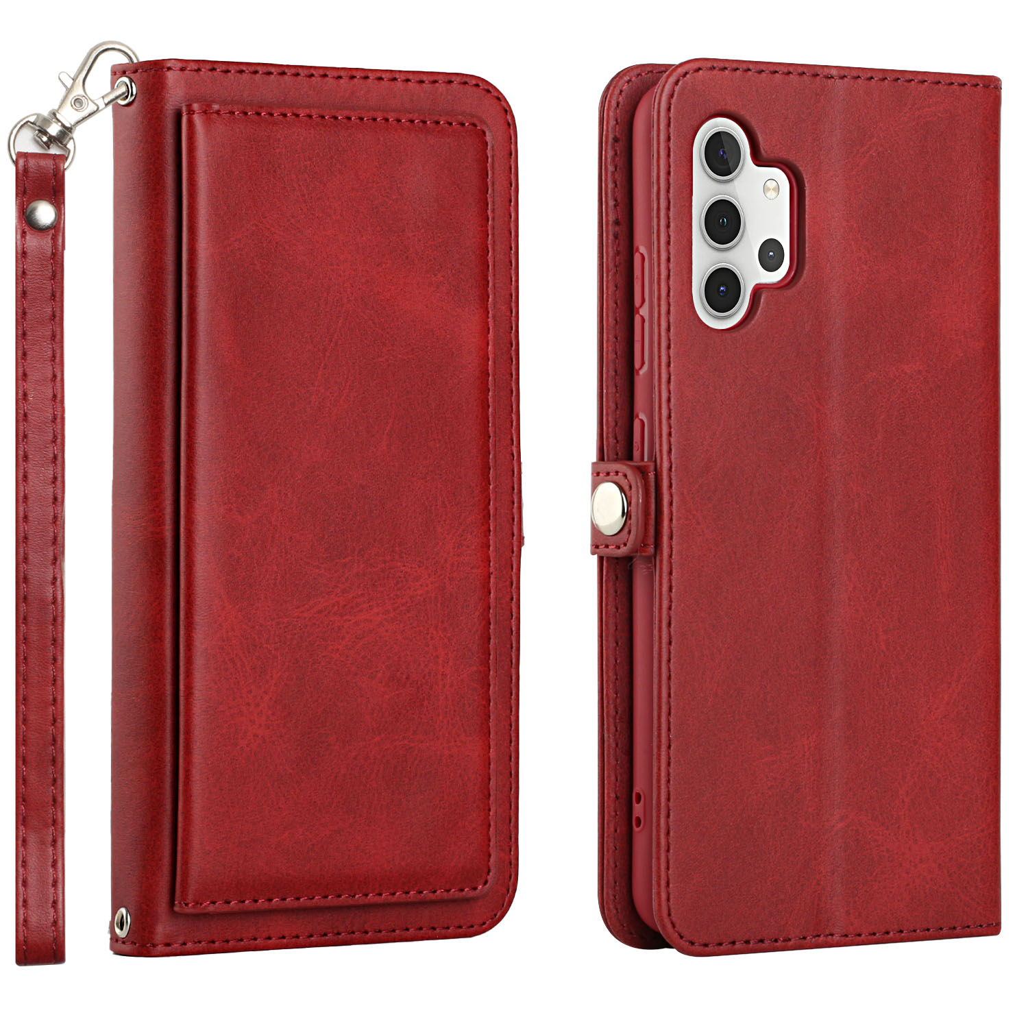 Premium PU Leather Folio WALLET Front Cover Case for Galaxy A32 4G (Red)