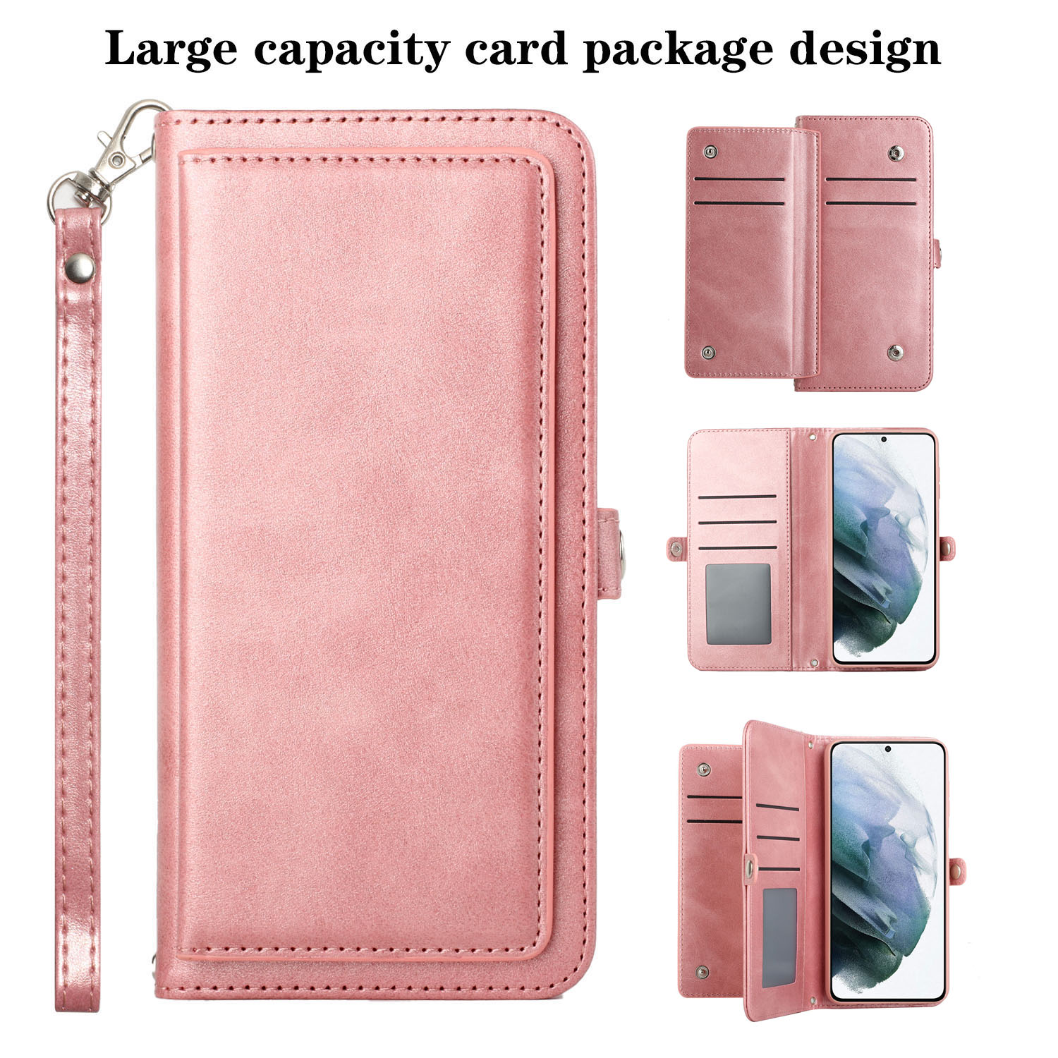 Premium PU LEATHER Folio WALLET Front Cover Case with Card Slots Galaxy S22+ Plus 5G (Rose Gold)