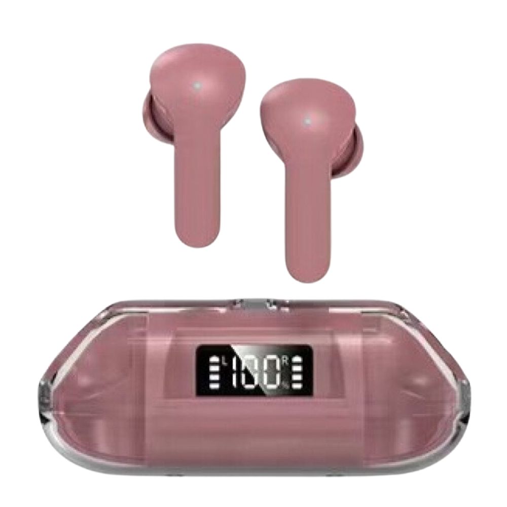 Crystal Clear TWS Earbuds: Pink In-Ear HeadPHONES with Real-Time Battery Display for PHONES