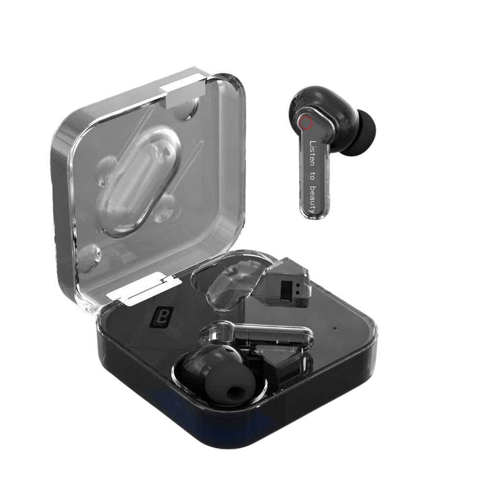 Clear Clamshell TWS Earbuds: Sleek Design, Superior Sound for All PHONES (Black)