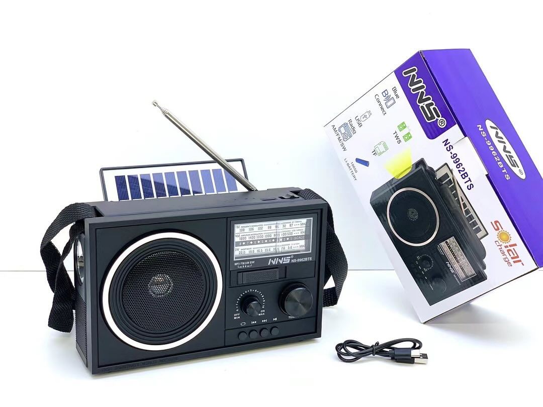 Solar-Powered Bluetooth Speaker with AM/FM Radio - Rechargeable NS9962 for Phones (Black)