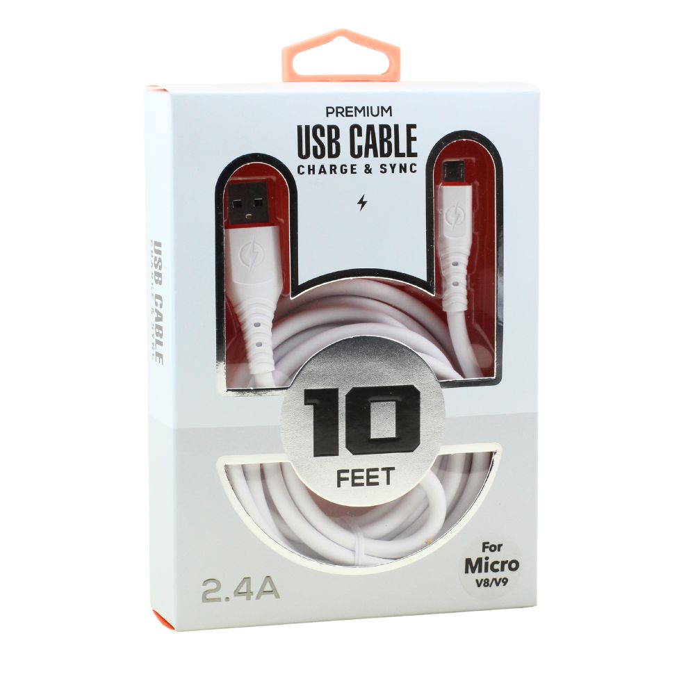 Durable 10FT Micro USB Cable: Strong Silicone, 2.4A Fast Charge for Universal Devices (White)