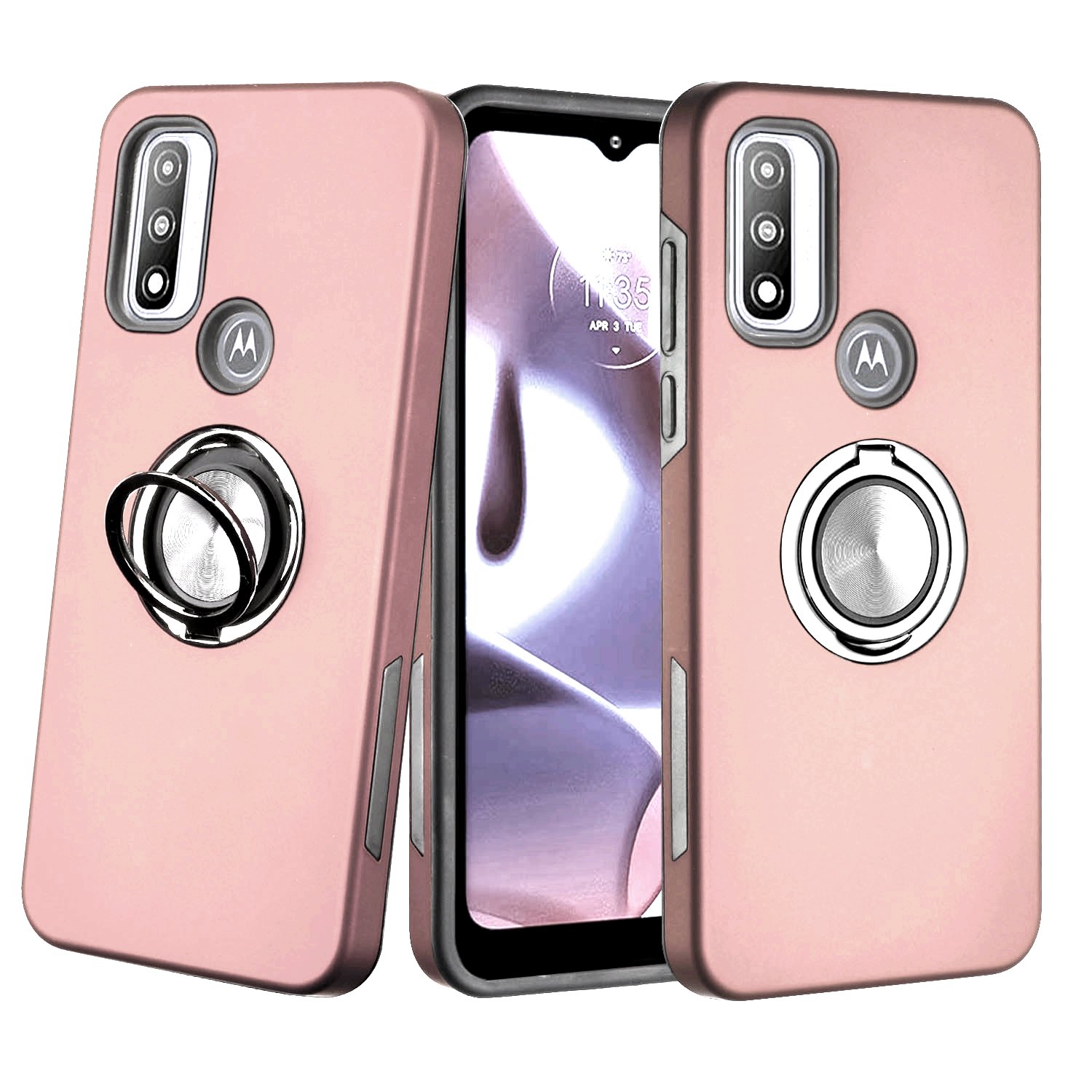 Dual Layer Armor Hybrid Stand RING Case for Motorola Moto G Pure / Moto G Power 2022 (Rose Gold)